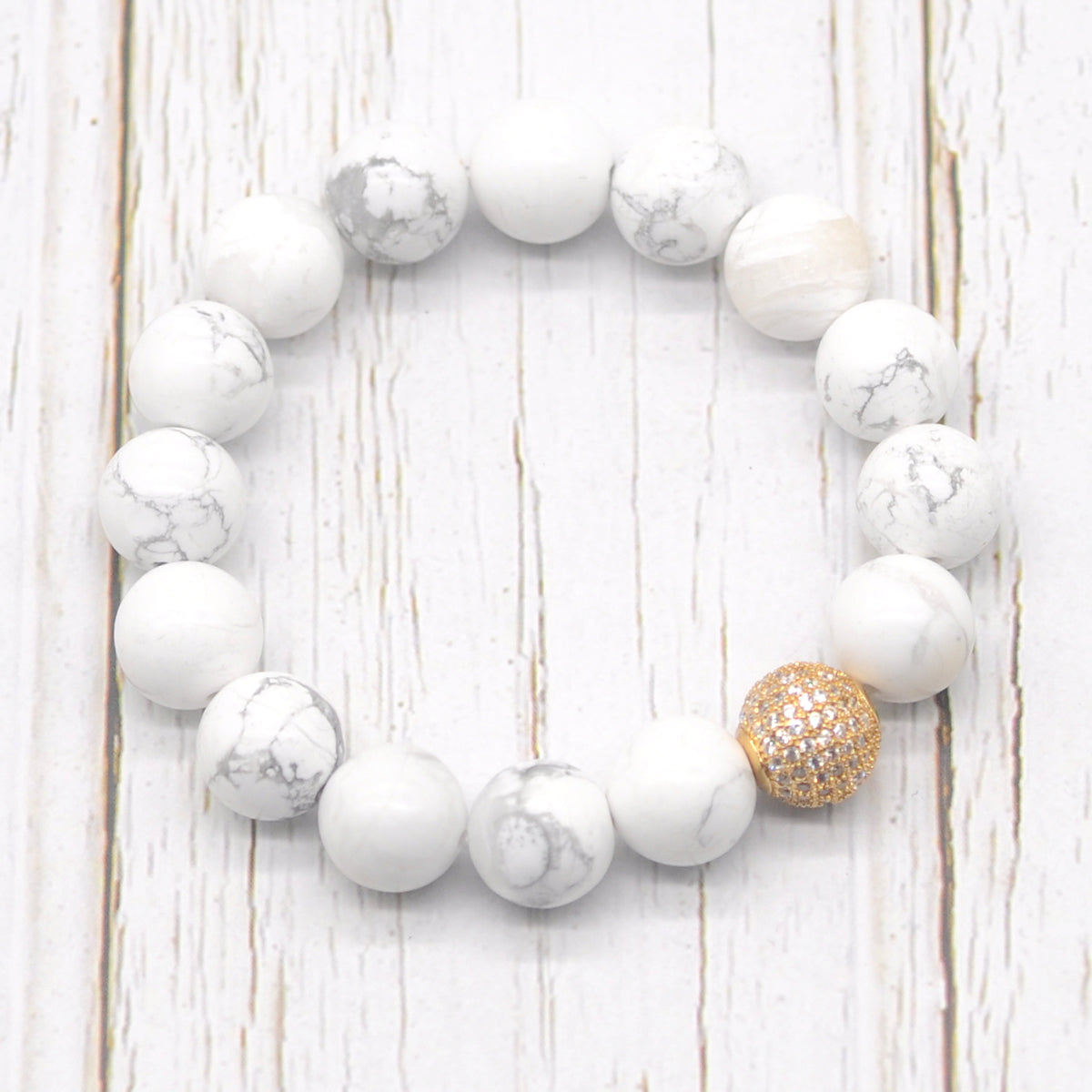 CGB243 White Howlite With Zircon Ball Stretch Bracelet Round 10mm 12mm