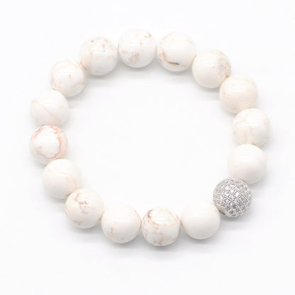 CGB244 White Howlite Turquoise With Zircon Ball Stretch Bracelet Round 10mm 12mm