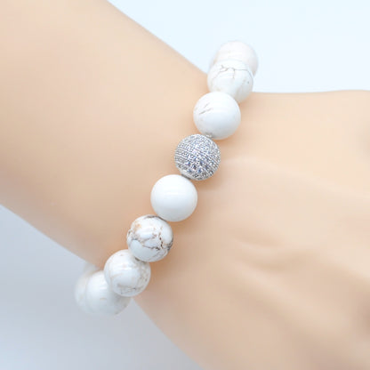 CGB244 White Howlite Turquoise With Zircon Ball Stretch Bracelet Round 10mm 12mm