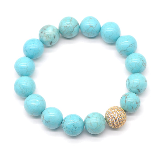 CGB245 Blue Howlite Turquoise With Zircon Ball Stretch Bracelet Round 10mm 12mm