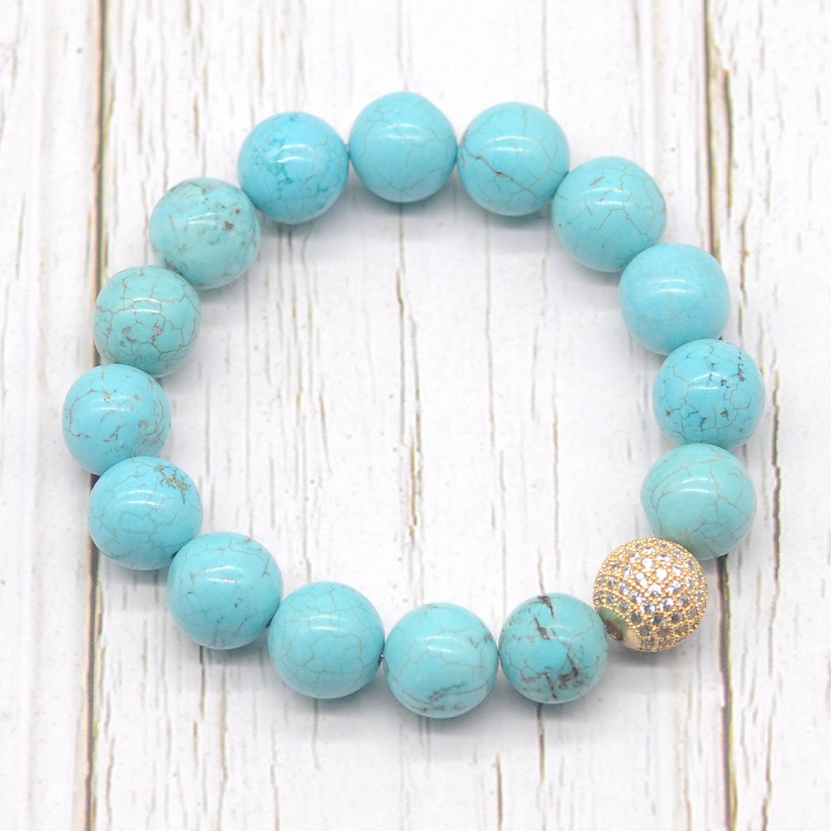 CGB245 Blue Howlite Turquoise With Zircon Ball Stretch Bracelet Round 10mm 12mm