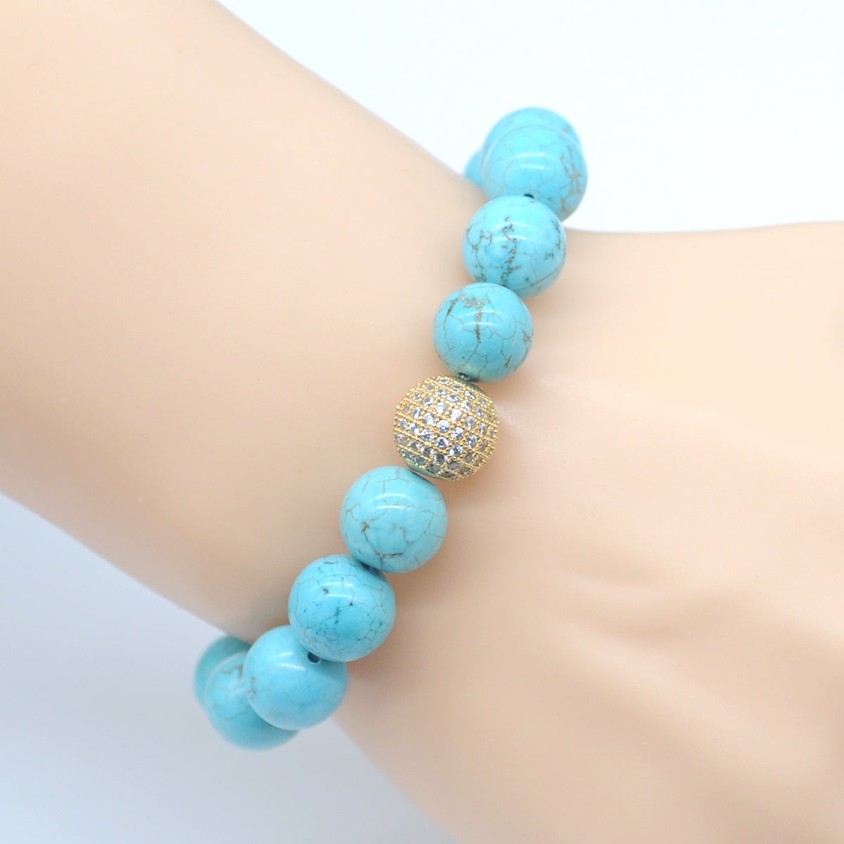 CGB245 Blue Howlite Turquoise With Zircon Ball Stretch Bracelet Round 10mm 12mm