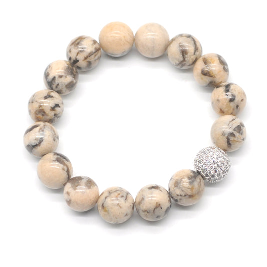 CGB246 Feldspar With Zircon Ball Stretch Bracelet Round 10mm 12mm