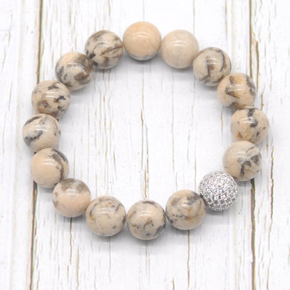 CGB246 Feldspar With Zircon Ball Stretch Bracelet Round 10mm 12mm