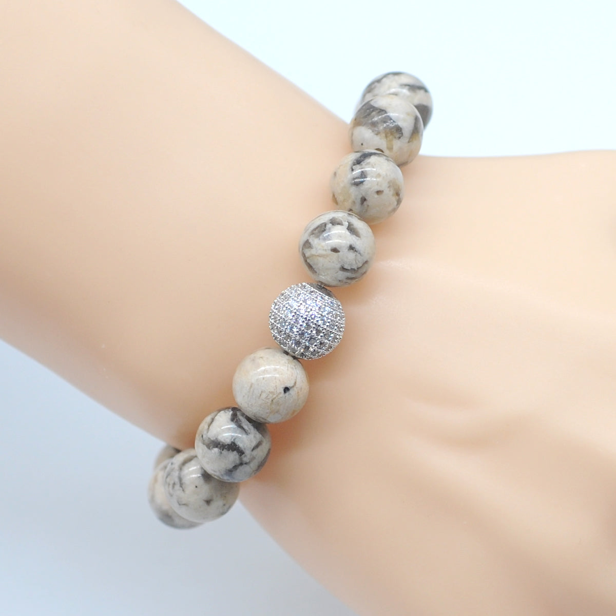 CGB246 Feldspar With Zircon Ball Stretch Bracelet Round 10mm 12mm