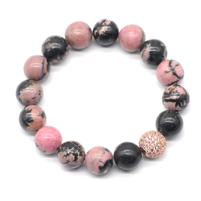 CGB247 Rhodonite With Zircon Ball Stretch Bracelet Round 10mm 12mm