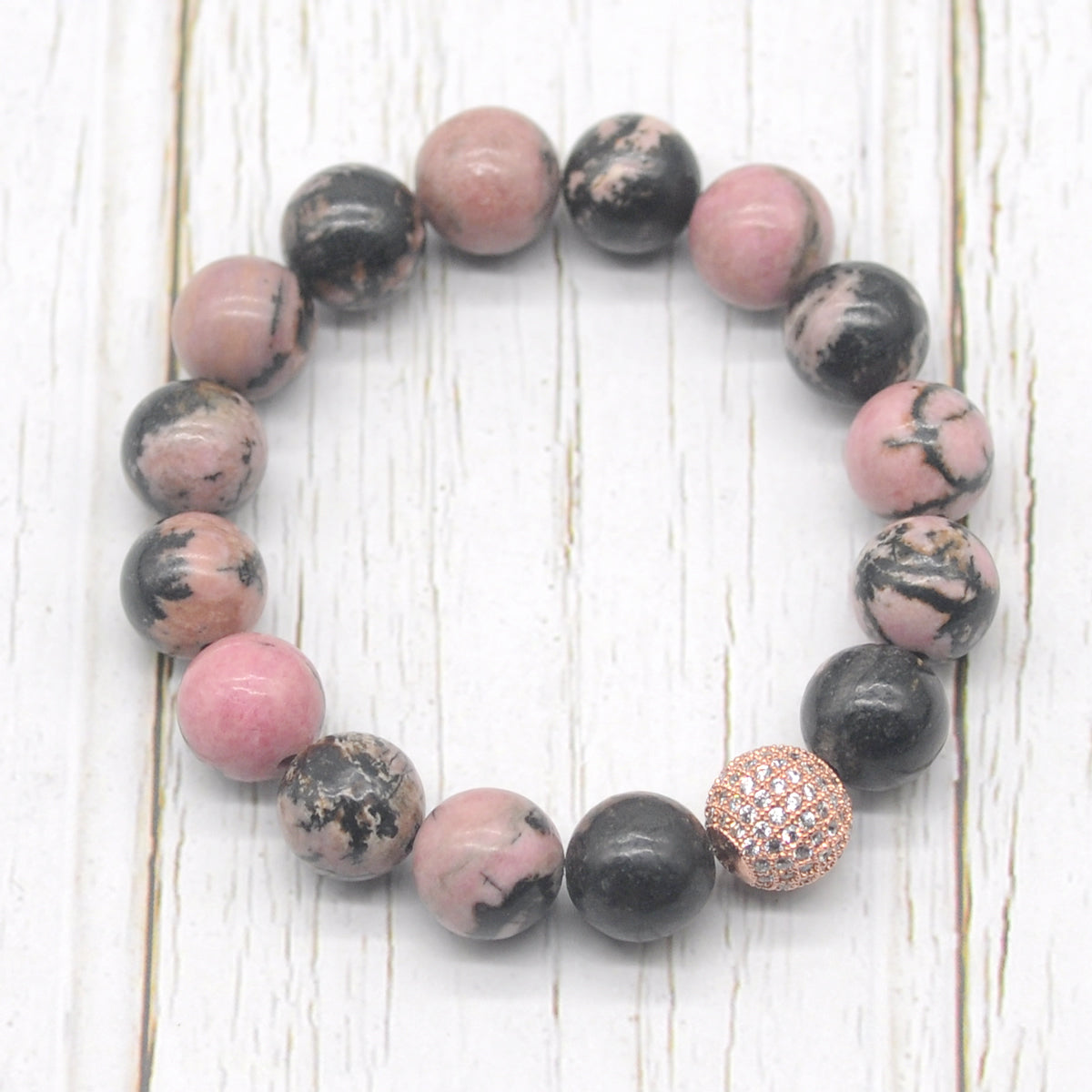 CGB247 Rhodonite With Zircon Ball Stretch Bracelet Round 10mm 12mm