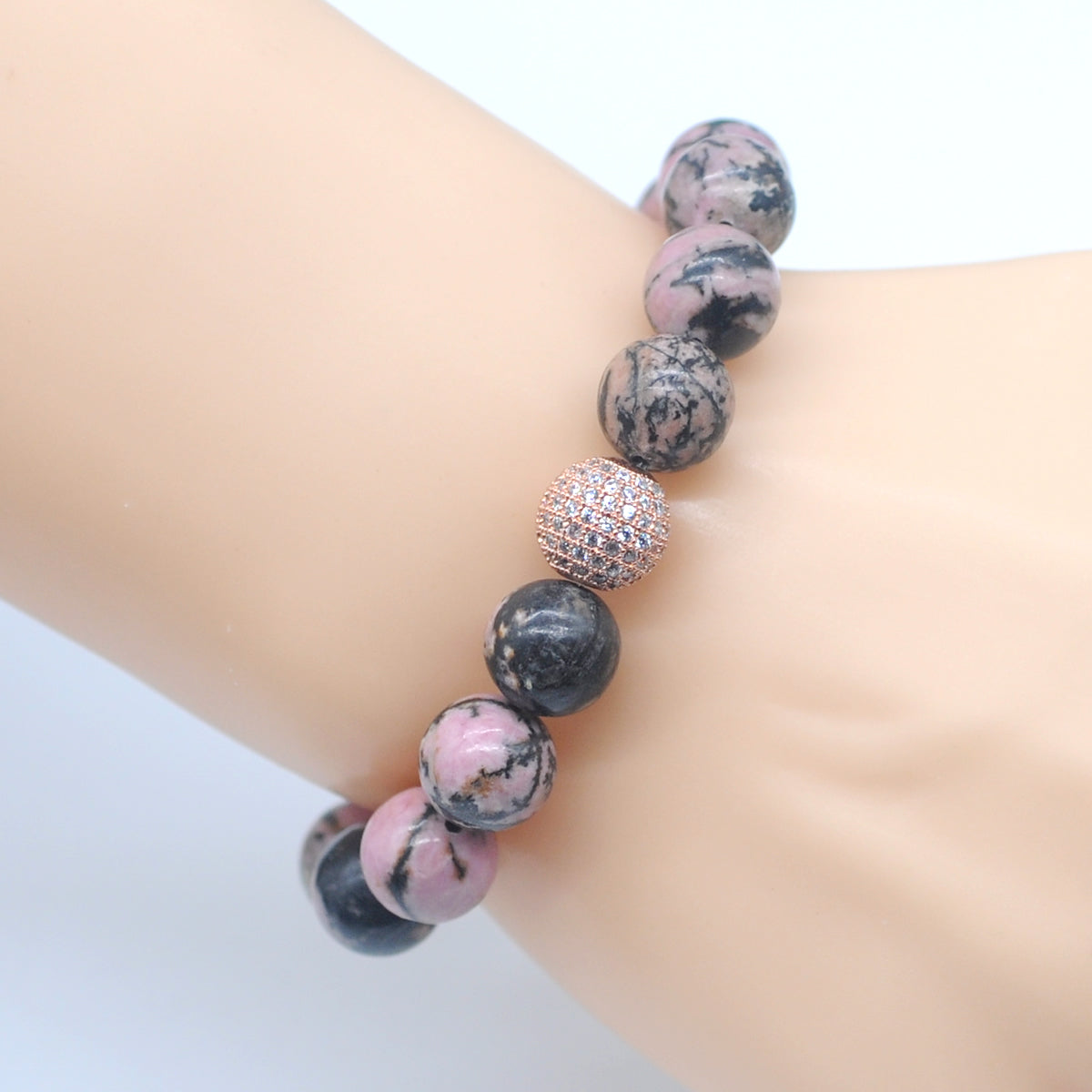 CGB247 Rhodonite With Zircon Ball Stretch Bracelet Round 10mm 12mm