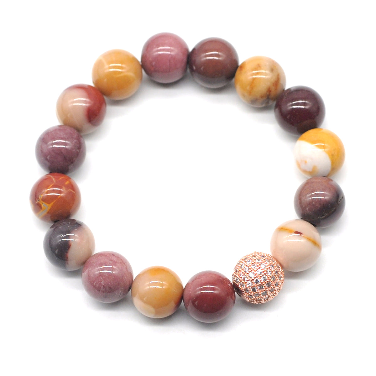 CGB248 Mookaite With Zircon Ball Stretch Bracelet Round 10mm 12mm