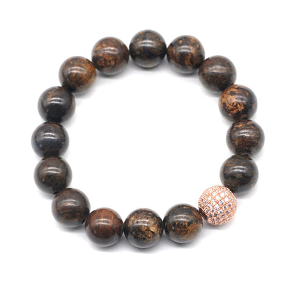 CGB249 Bronzite With Zircon Ball Stretch Bracelet Round 10mm 12mm