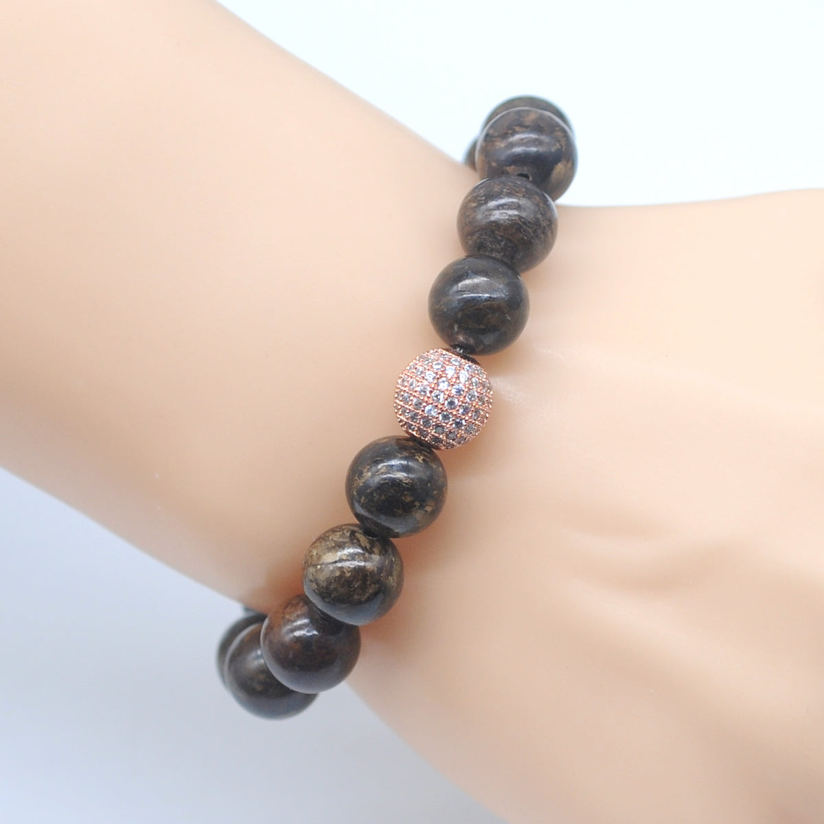 CGB249 Bronzite With Zircon Ball Stretch Bracelet Round 10mm 12mm