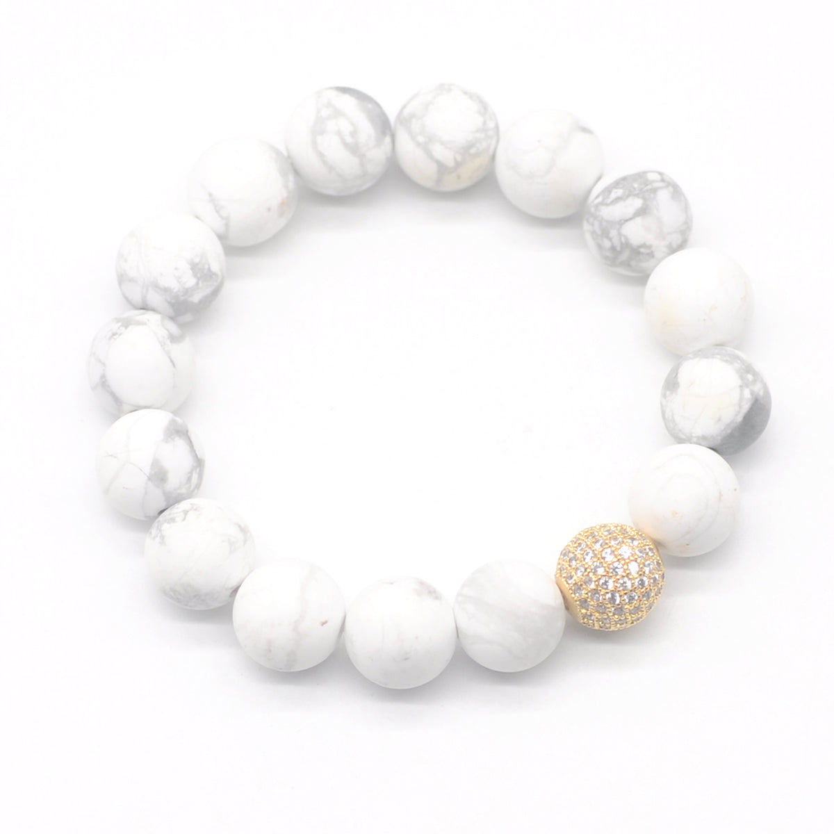 CGB252 White Howlite With Zircon Ball Stretch Bracelet Matte Round 10mm 12mm