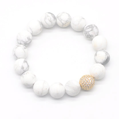 CGB252 White Howlite With Zircon Ball Stretch Bracelet Matte Round 10mm 12mm