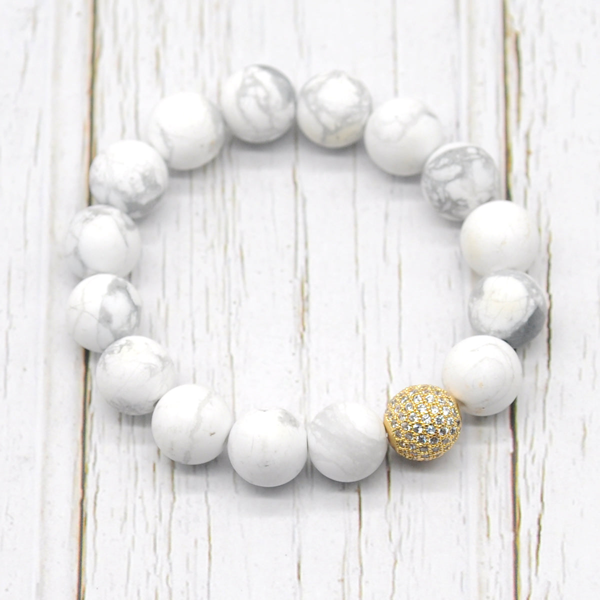 CGB252 White Howlite With Zircon Ball Stretch Bracelet Matte Round 10mm 12mm