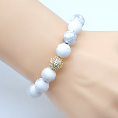 CGB252 White Howlite With Zircon Ball Stretch Bracelet Matte Round 10mm 12mm