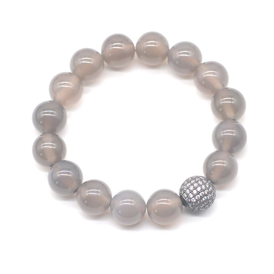 CGB254 Grey Agate With Zircon Ball Stretch Bracelet Round 10mm 12mm