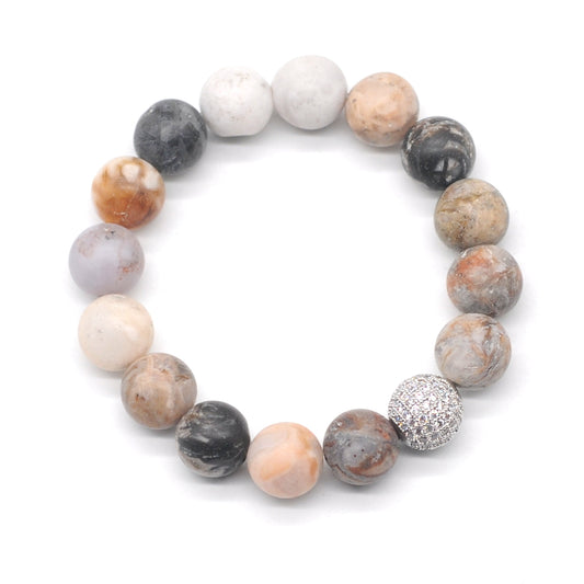 CGB254 Bamboo Leaf Agate With Zircon Ball Stretch Bracelet Matte Round 10mm 12mm