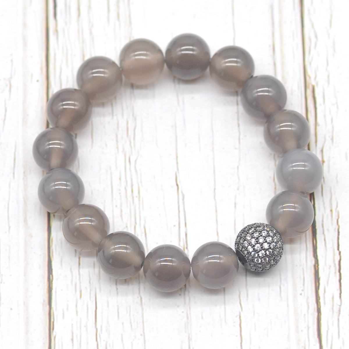 CGB254 Grey Agate With Zircon Ball Stretch Bracelet Round 10mm 12mm