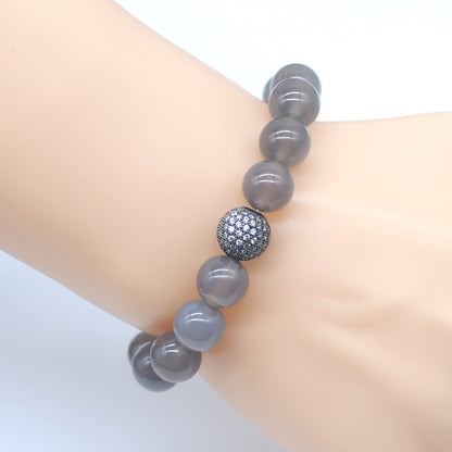 CGB254 Grey Agate With Zircon Ball Stretch Bracelet Round 10mm 12mm