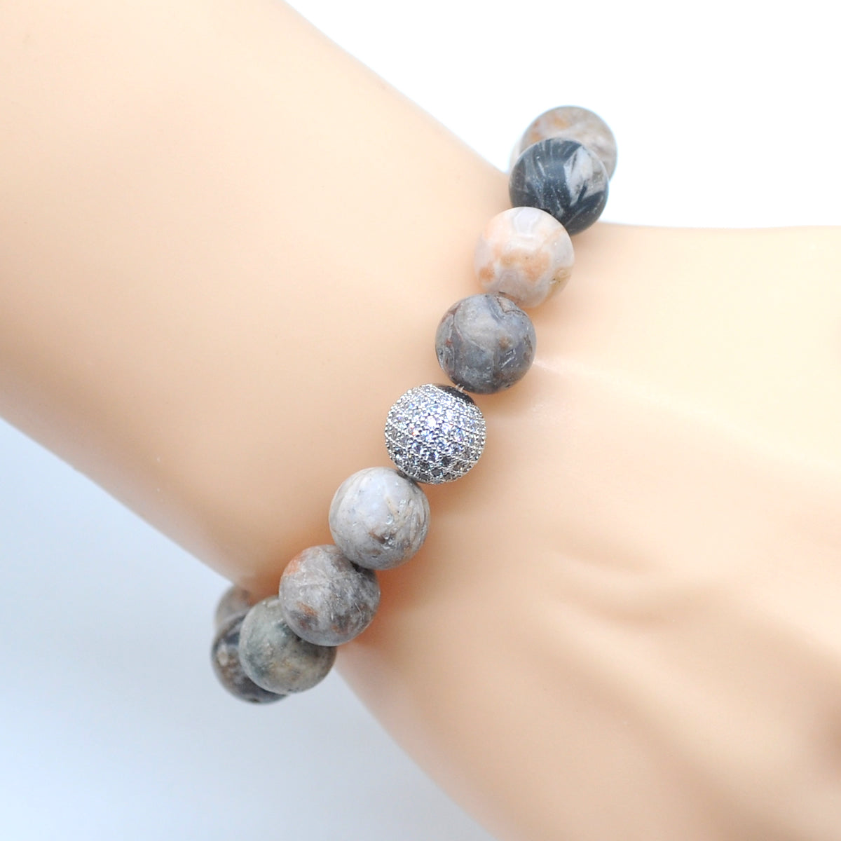 CGB254 Bamboo Leaf Agate With Zircon Ball Stretch Bracelet Matte Round 10mm 12mm