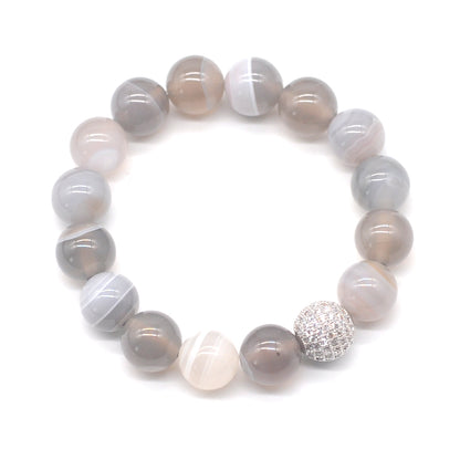 CGB255 Grey Banded Agate With Zircon Ball Stretch Bracelet Round 10mm 12mm