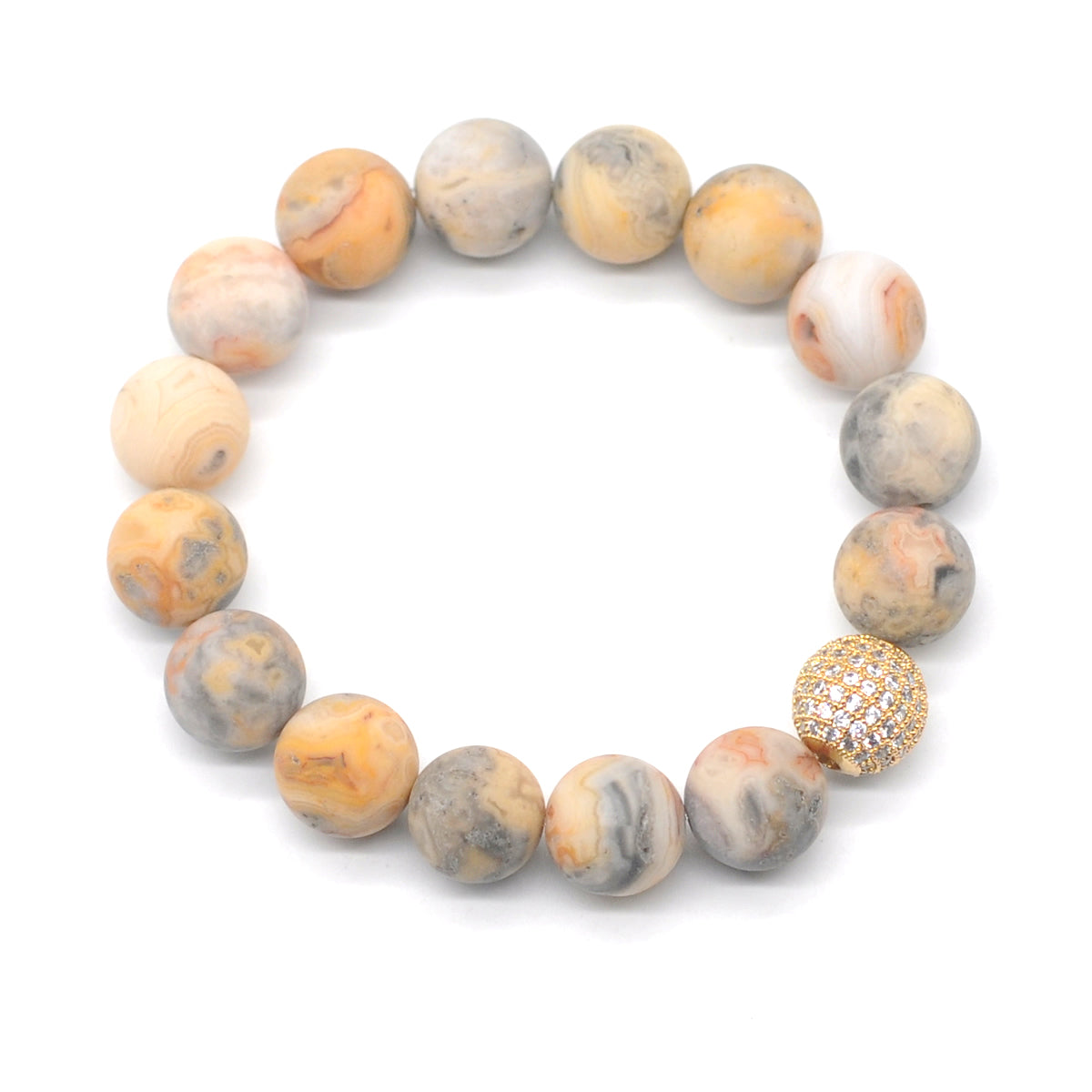 CGB255 Yellow Crazy Lace Agate With Zircon Ball Stretch Bracelet Matte Round 10mm 12mm