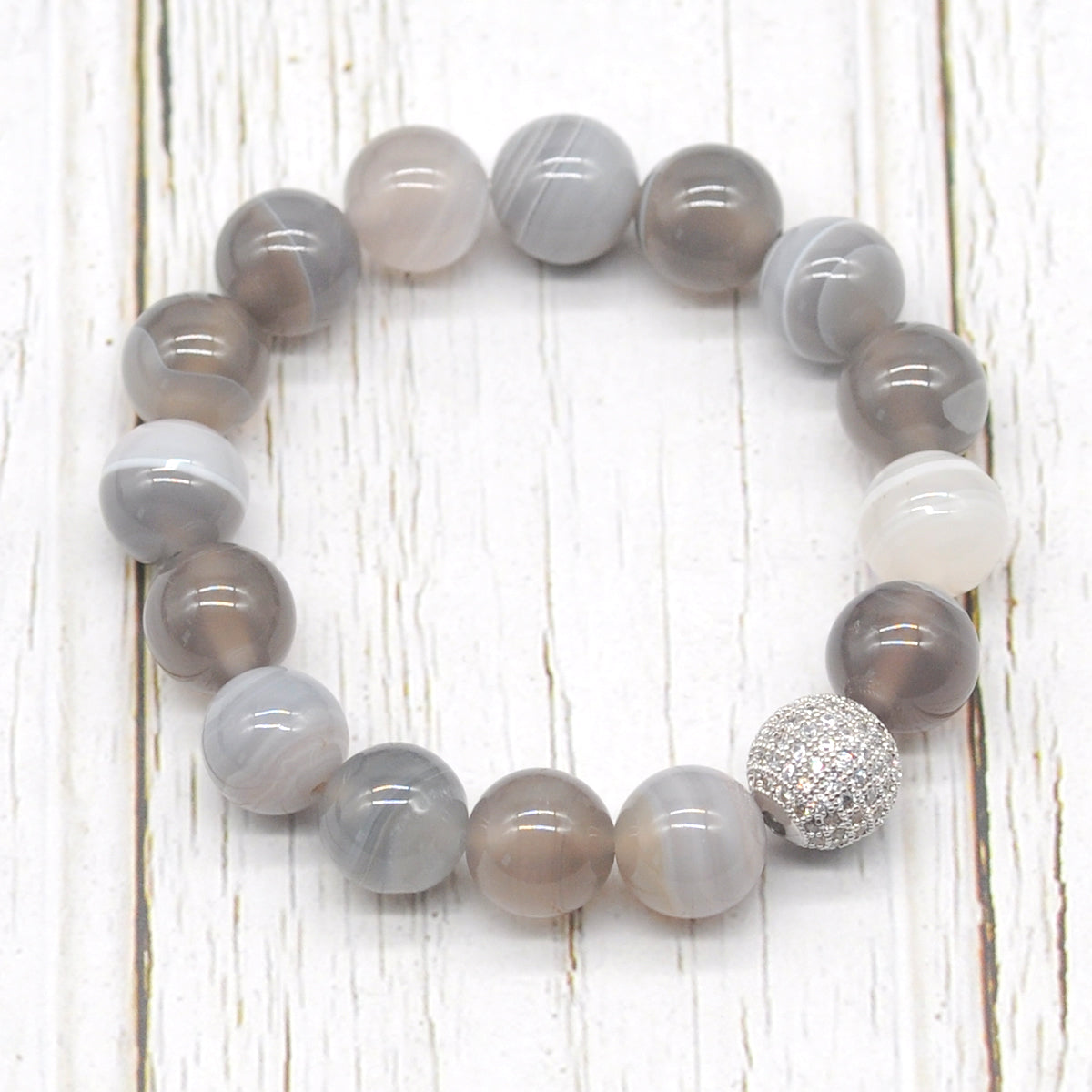 CGB255 Grey Banded Agate With Zircon Ball Stretch Bracelet Round 10mm 12mm