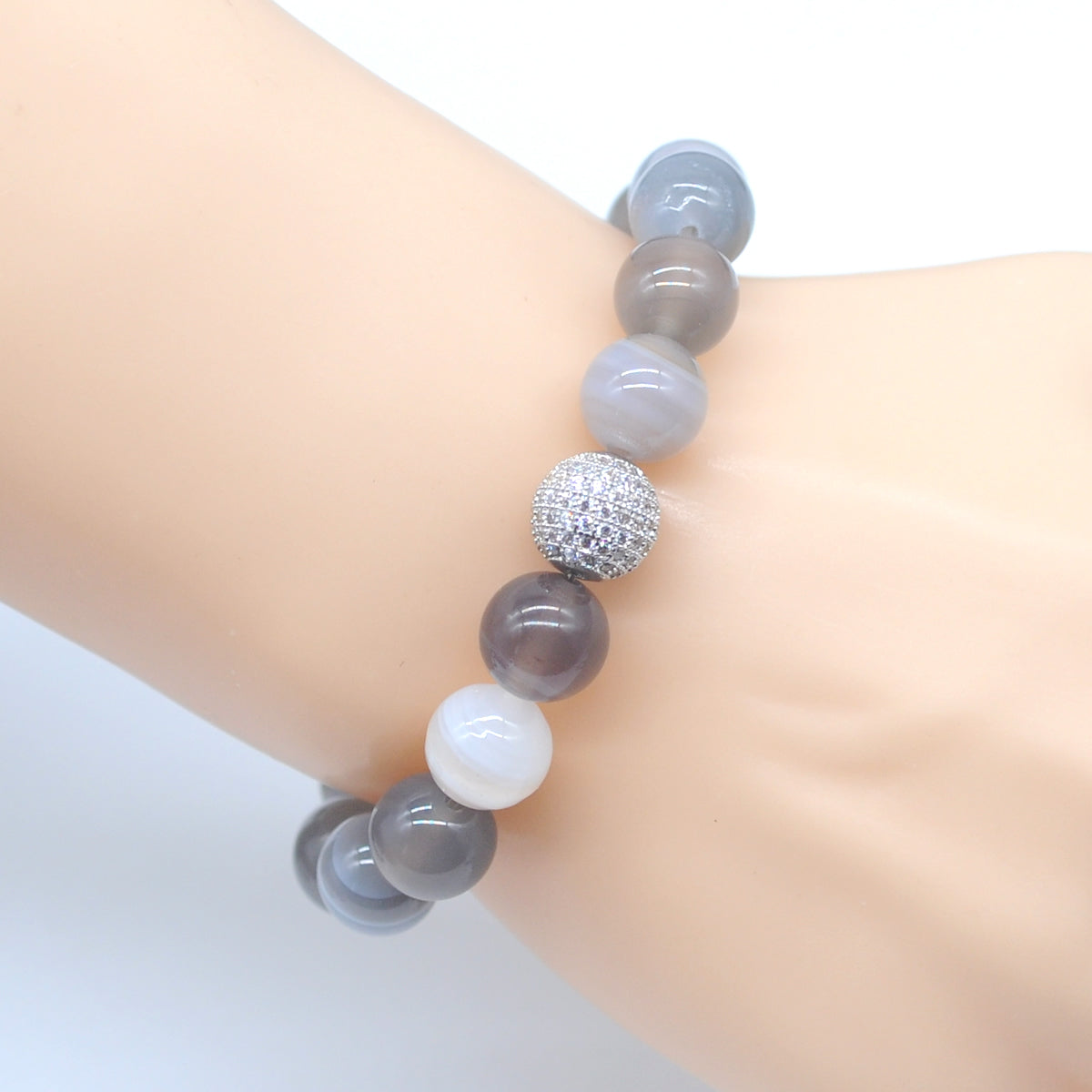 CGB255 Grey Banded Agate With Zircon Ball Stretch Bracelet Round 10mm 12mm