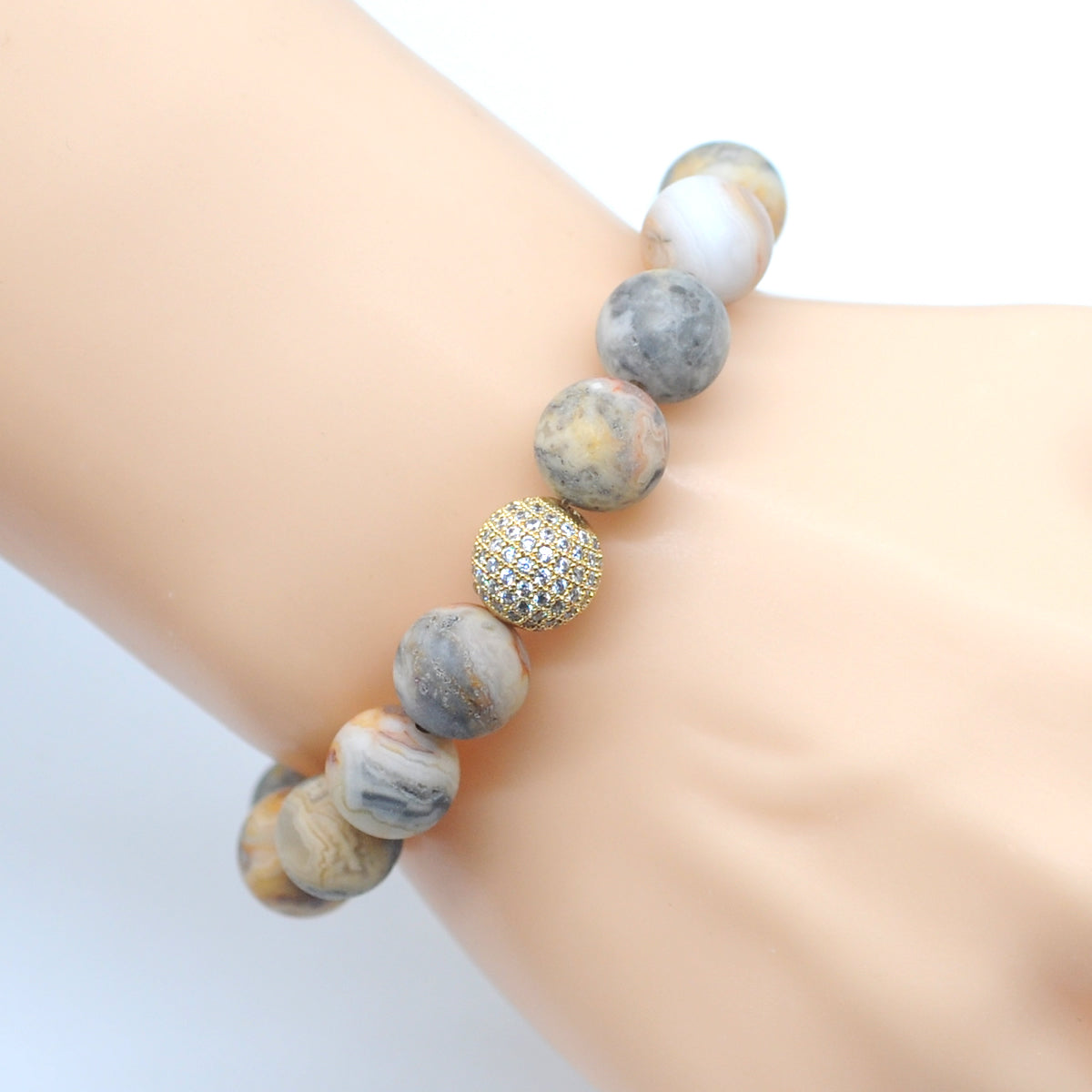 CGB255 Yellow Crazy Lace Agate With Zircon Ball Stretch Bracelet Matte Round 10mm 12mm