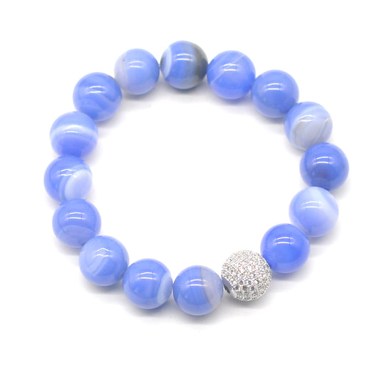 CGB257 Blue Banded Agate With Zircon Ball Stretch Bracelet Round 10mm 12mm