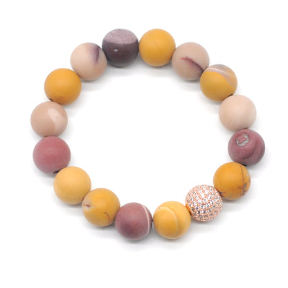 CGB257 Mookaite Gemstone With Zircon Ball Stretch Bracelet Matte Round 10mm 12mm