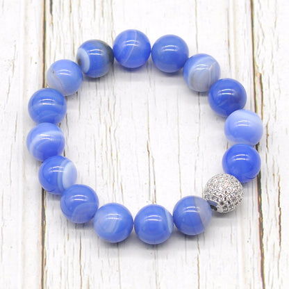 CGB257 Blue Banded Agate With Zircon Ball Stretch Bracelet Round 10mm 12mm