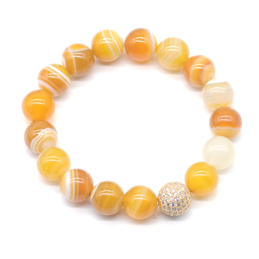 CGB258 Yellow Banded Agate With Zircon Ball Stretch Bracelet Round 10mm 12mm