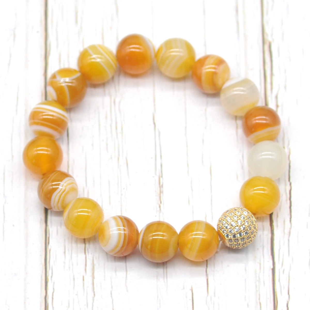 CGB258 Yellow Banded Agate With Zircon Ball Stretch Bracelet Round 10mm 12mm