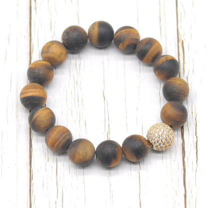 CGB258 Yellow Tiger Eye With Zircon Ball Stretch Bracelet Matte Round 10mm 12mm