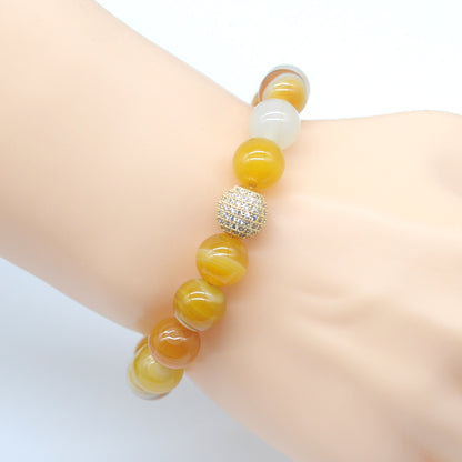 CGB258 Yellow Banded Agate With Zircon Ball Stretch Bracelet Round 10mm 12mm