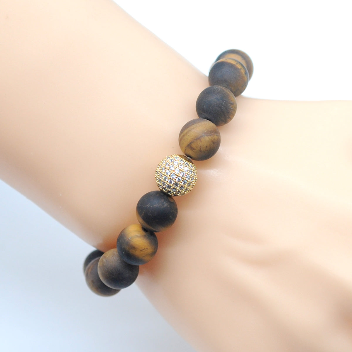 CGB258 Yellow Tiger Eye With Zircon Ball Stretch Bracelet Matte Round 10mm 12mm