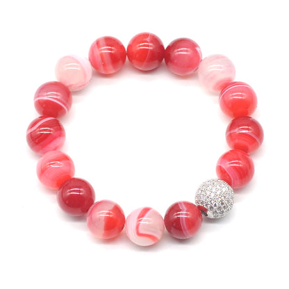 CGB259 Red Banded Agate With Zircon Ball Stretch Bracelet Round 10mm 12mm