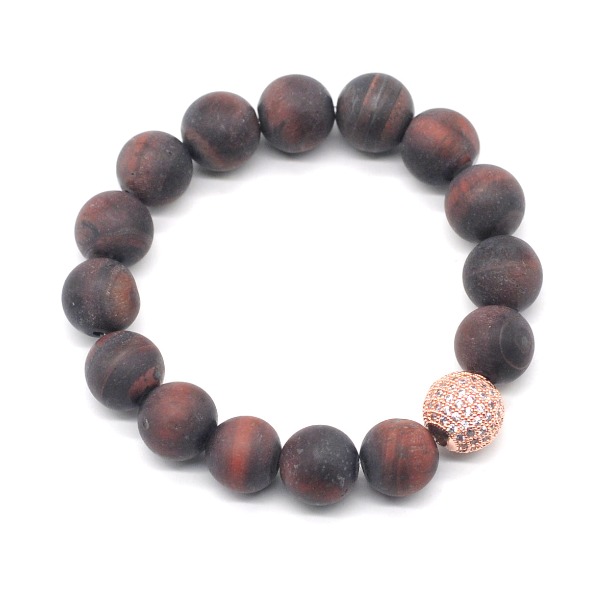 CGB259 Red Tiger Eye With Zircon Ball Stretch Bracelet Matte Round 10mm 12mm