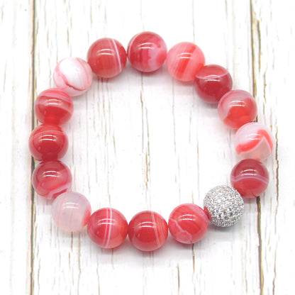 CGB259 Red Banded Agate With Zircon Ball Stretch Bracelet Round 10mm 12mm