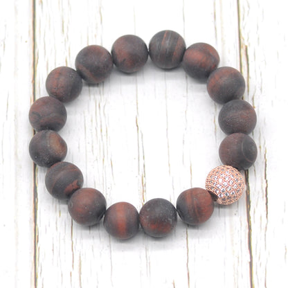 CGB259 Red Tiger Eye With Zircon Ball Stretch Bracelet Matte Round 10mm 12mm