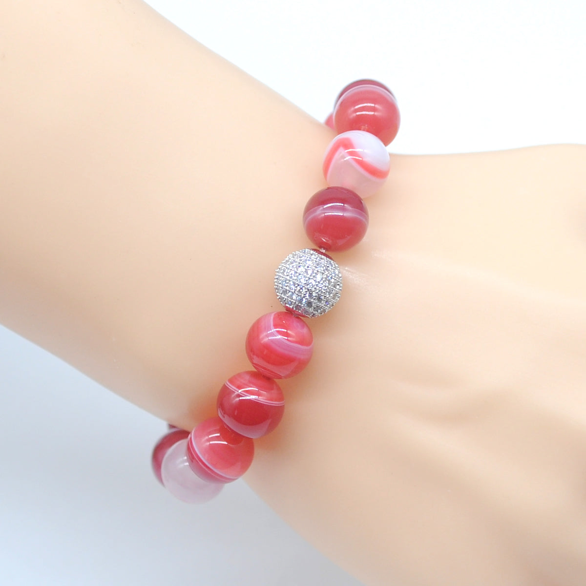 CGB259 Red Banded Agate With Zircon Ball Stretch Bracelet Round 10mm 12mm