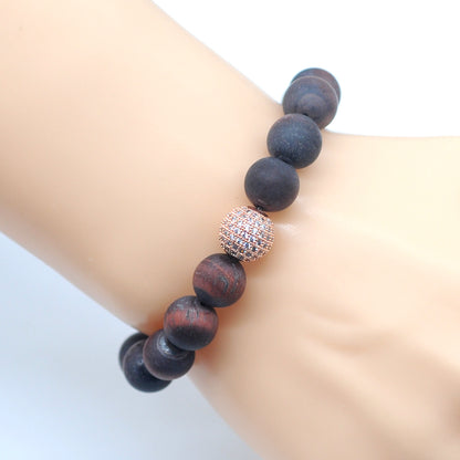 CGB259 Red Tiger Eye With Zircon Ball Stretch Bracelet Matte Round 10mm 12mm