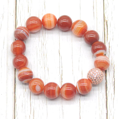 CGB260 Red Banded Agate With Zircon Ball Stretch Bracelet Round 10mm 12mm