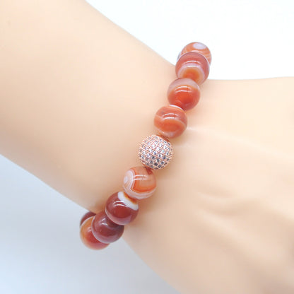 CGB260 Red Banded Agate With Zircon Ball Stretch Bracelet Round 10mm 12mm