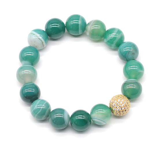 CGB261 Green Banded Agate With Zircon Ball Stretch Bracelet Round 10mm 12mm