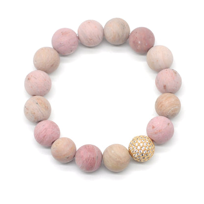 CGB261 Pink Wood Jasper With Zircon Ball Stretch Bracelet Matte Round 10mm 12mm