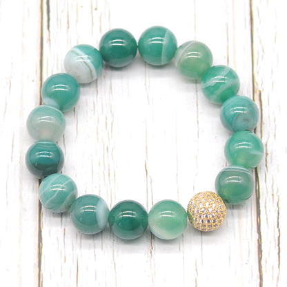 CGB261 Green Banded Agate With Zircon Ball Stretch Bracelet Round 10mm 12mm