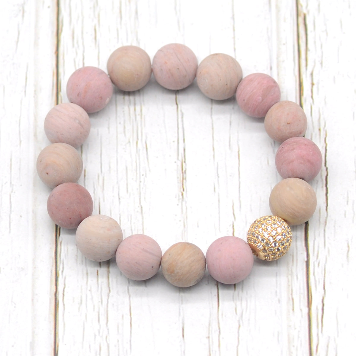 CGB261 Pink Wood Jasper With Zircon Ball Stretch Bracelet Matte Round 10mm 12mm