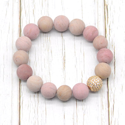 CGB261 Pink Wood Jasper With Zircon Ball Stretch Bracelet Matte Round 10mm 12mm